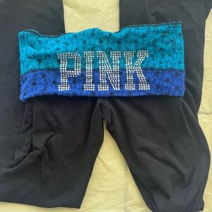 Victoria's Secret PINK Black Leggings with Teal and Blue Lace Waistband